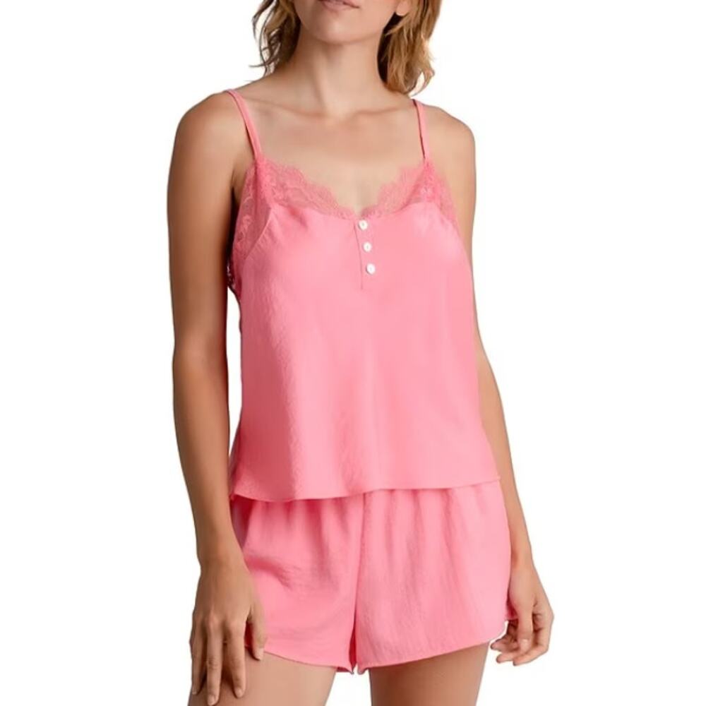 MIDNIGHT BAKERY Lace Trim Cami Medium Pink/Purple Tie Dye Satin V-Neck Top NWT - Picture 2 of 11